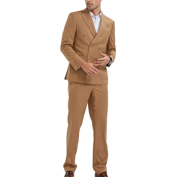 Camel Pinstripe Double Breasted Peak Lapel Skinny Fit Men's Suit
